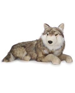 Großer liegender Plüschtier Wolf von Uni-Toys, Vorderansicht.