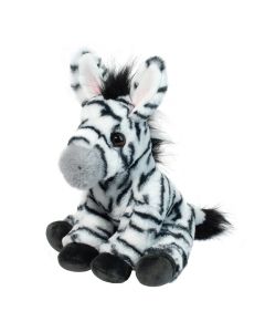 Kuscheltier Zebra mit typischen schwarzen Streifen auf weißem Fell, sitzende Körperhaltung.