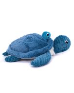 Blaue Kuscheltier Schildkröte Sauvenou von Les Déglingos mit Baby im Panzer, Stofftier aus Cord und Plüsch.